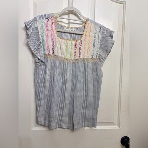 THML Light Blue Striped Top with Multicolor Crochet Yoke